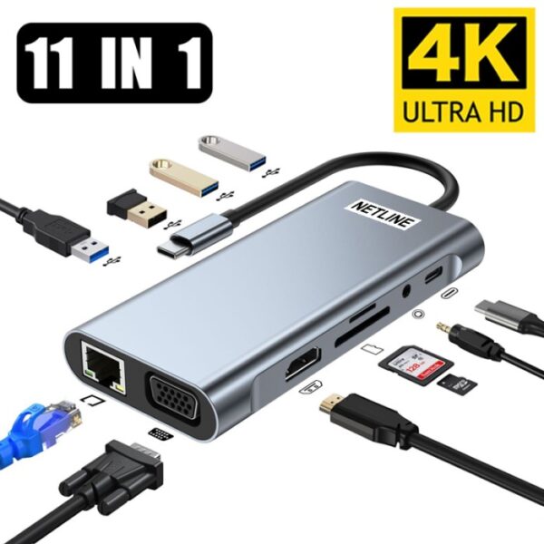 USB Type-C HUB, USB C Adapter 11-in-1 Dongle with 4K HDMI, VGA, Type C, PD, USB3.0, RJ45 Ethernet, SD/TF Card Reader, 3.5mm AUX, Docking Station Compatible with MacBook Pro/Air, Ot